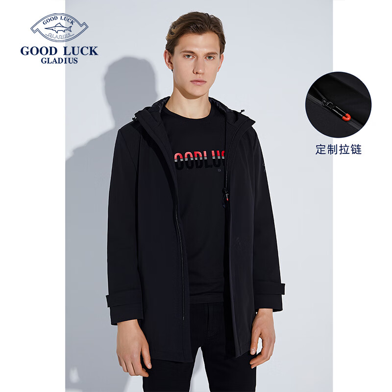 德鲨2022秋季新款连帽中长款风衣黑色保暖防风休闲商务男装外套 墨黑