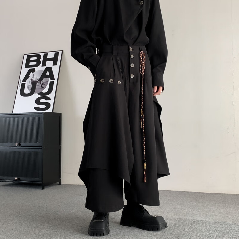 胖胖到家新中式设计感叠穿裙裤男春秋中国风不规则复古宽松阔腿痞帅