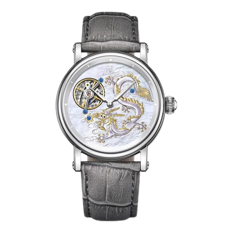 上海手表男手動(dòng)機械表 旗艦正品國產(chǎn)陀飛輪24K金軌道式卡羅素男表 玉龍款-貝母藍盤(pán)【高端禮盒】