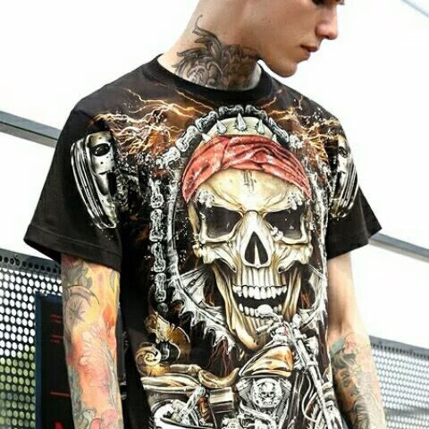 qvnl夏季新款潮男骷髅头t恤男机车摇滚男士印花圆领体恤 黑色 m【建议