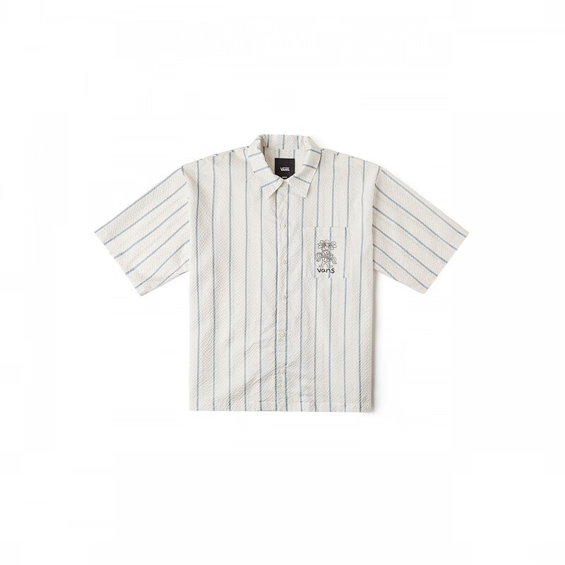 VANS男女情侶短袖襯衫條紋口袋小花 藍色條紋 XS