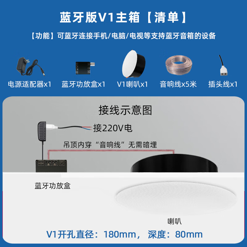 音箱家用天花吊顶响音家庭背景音乐客厅喇叭室内商用 蓝牙功放 1只v1
