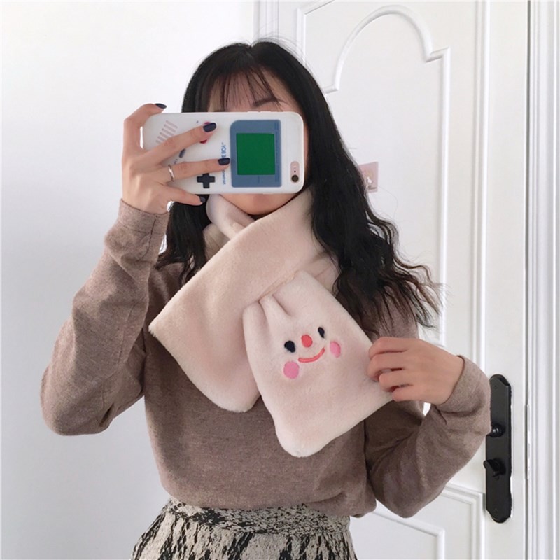 念凝毛绒围巾女冬季韩国ins风百搭笑脸围脖少女学生穿搭可爱加厚保暖毛领子 灰色