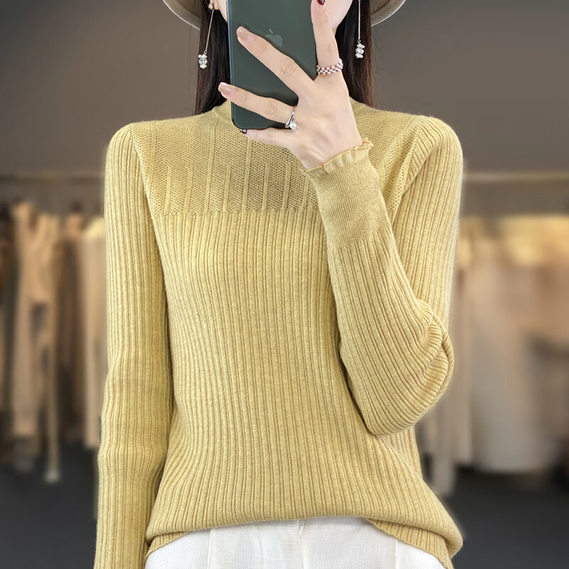 香影纯2025秋冬新款荷叶蕾丝花边半高领打底衫女长袖修身洋气内搭毛衣女 米色 S (建议95斤以内)