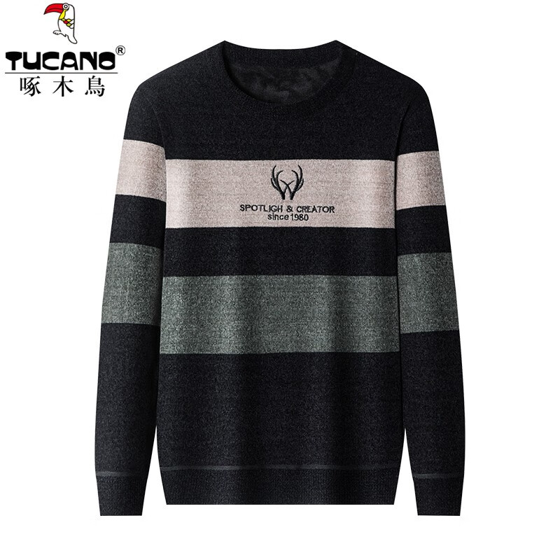 啄木鸟（TUCANO）毛衣男圆领印花加绒加厚针织衫冬季中青年宽松保暖套头打底衫 YZ862蓝色 L (170) 推荐110-130斤