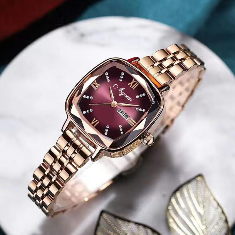 oruss品牌钢带小巧型防水气质水钻女表方形时尚女士腕表双日历自动