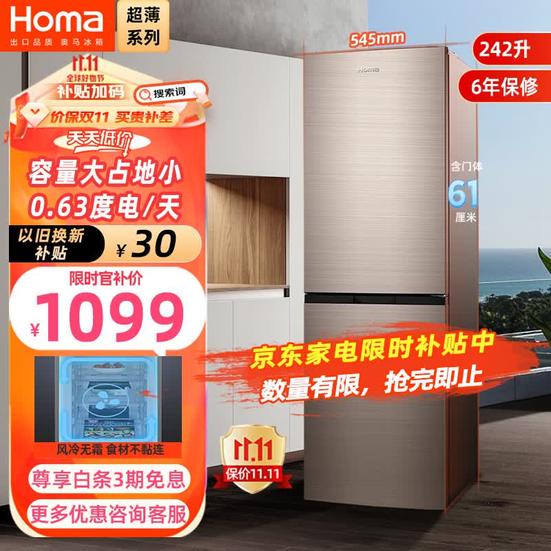 奥马(Homa)242升风冷无霜大容量双开门电冰箱 两门二门节能 小户型家用租房办公 冷冻分储 BCD-242WH使用感如何?