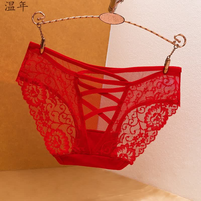 温年 红短裤女本命年红裤衩大红内裤性感镂空蕾丝婚庆喜事 101红色 m