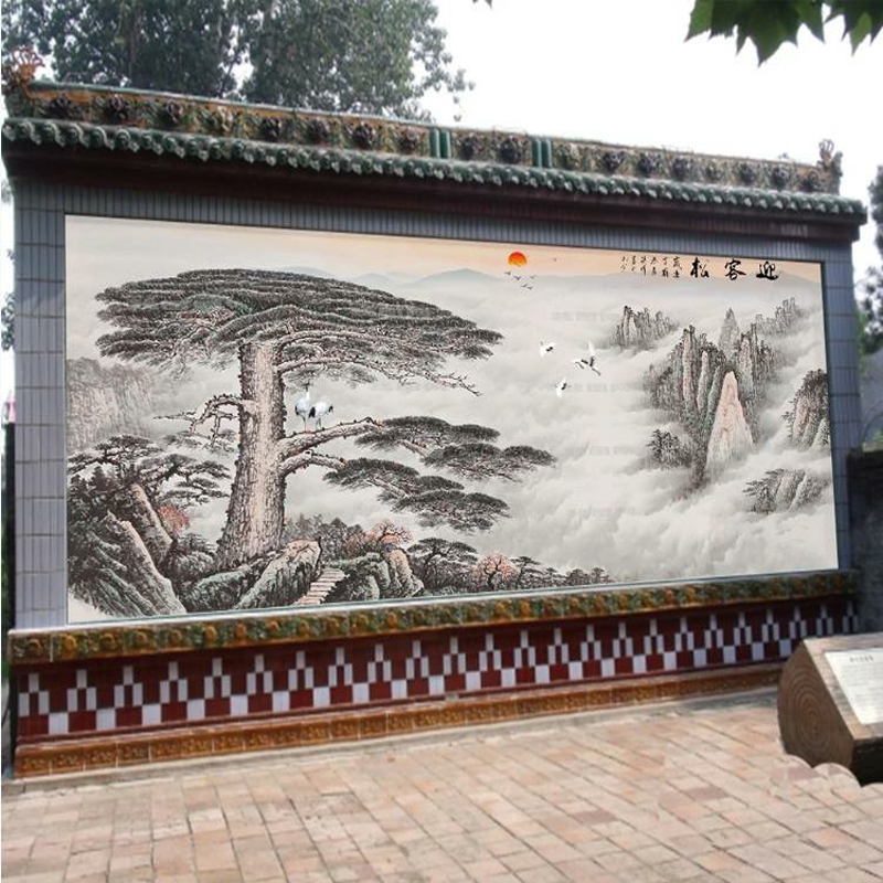 憬芊定制农村大门庭院影壁墙照壁墙瓷砖背景户外迎门墙装饰山水风景画