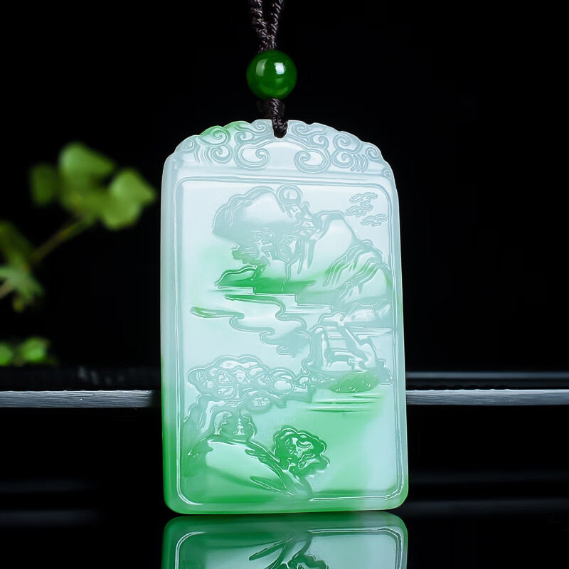 采莉和田玉翠青玉山水玉牌子玉吊坠男转运翡翠色山水玉佩挂件项链