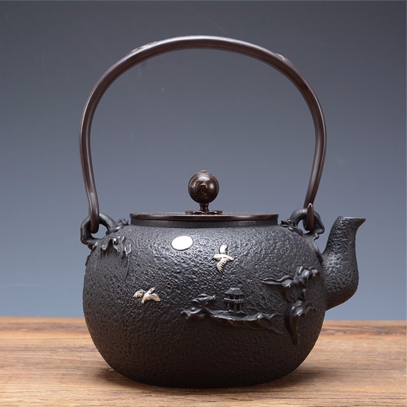 龟寿堂铁壶波千鸟铸铁壶 日本原装进口纯手工砂铁壶烧水壶煮茶壶 鎏银