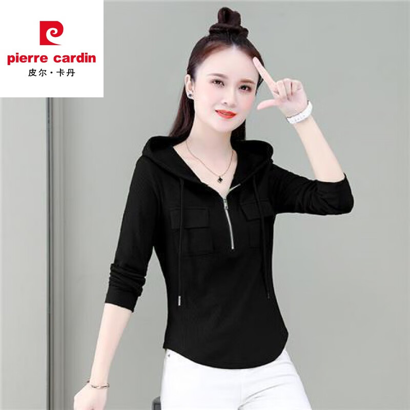 皮尔卡丹新款卫衣女连帽修身长袖T恤2025秋冬新款韩版显瘦时尚减龄打底衫 黑色  XL 建议115-130斤