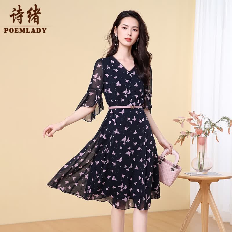 诗绪v领蝴蝶印花雪纺连衣裙女2025春秋季新款荷叶袖气质中长裙62688