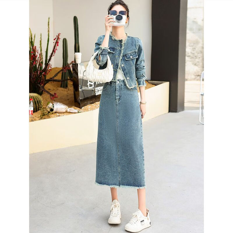 常缕竺港风复古牛仔套装女士2024新款春装时尚牛仔外套牛仔裙秋季两件