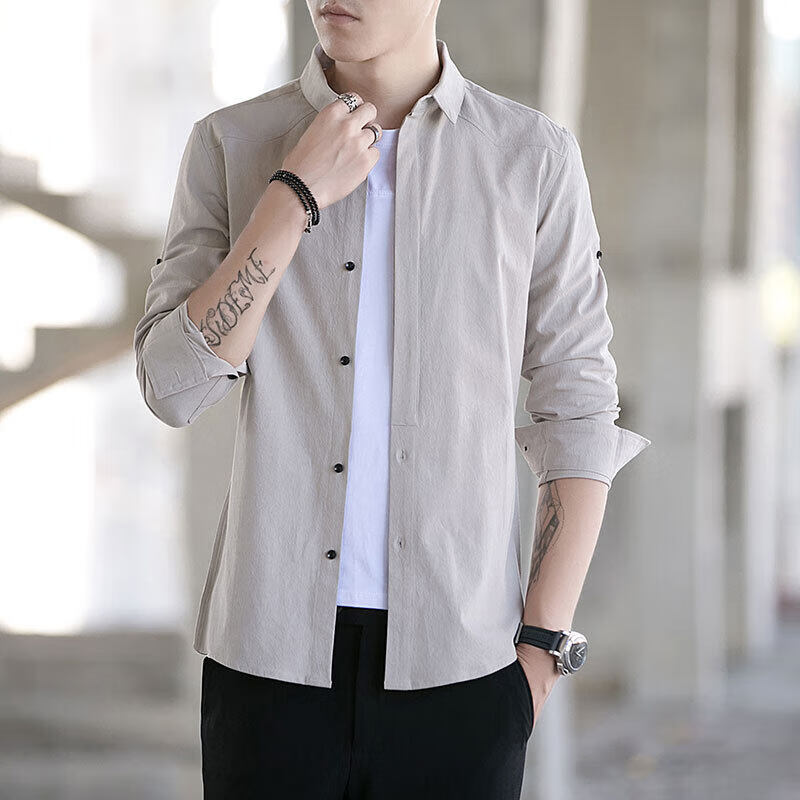 以纯男士衬衫男长袖免烫青年休闲衬衣色棉质春秋男装 卡其色a21a21a21