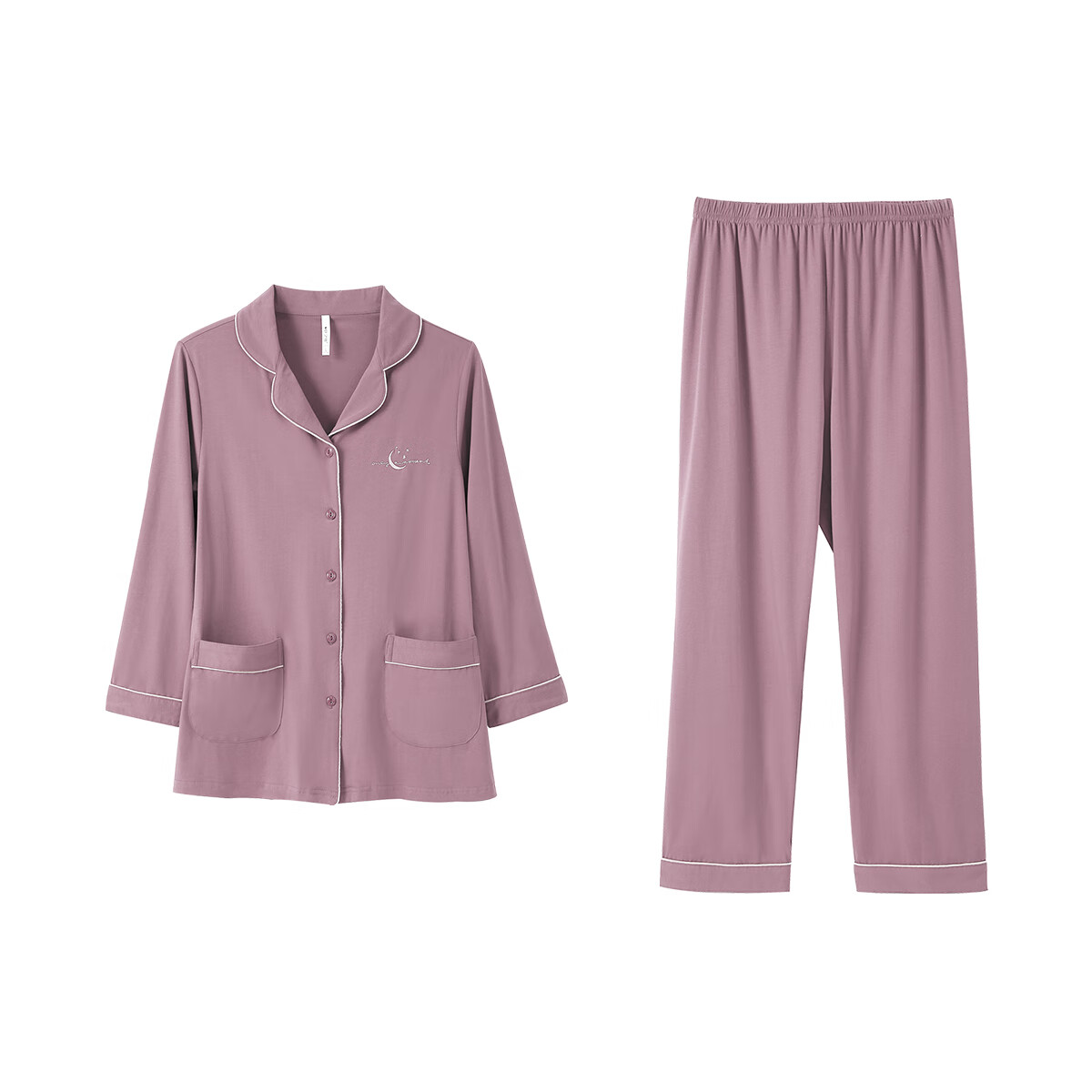 安之伴睡衣女春秋季纯棉套装长裤家居服简约开衫透气休闲翻领长袖女装 灰紫红(超柔软5%氨纶有弹力) XL