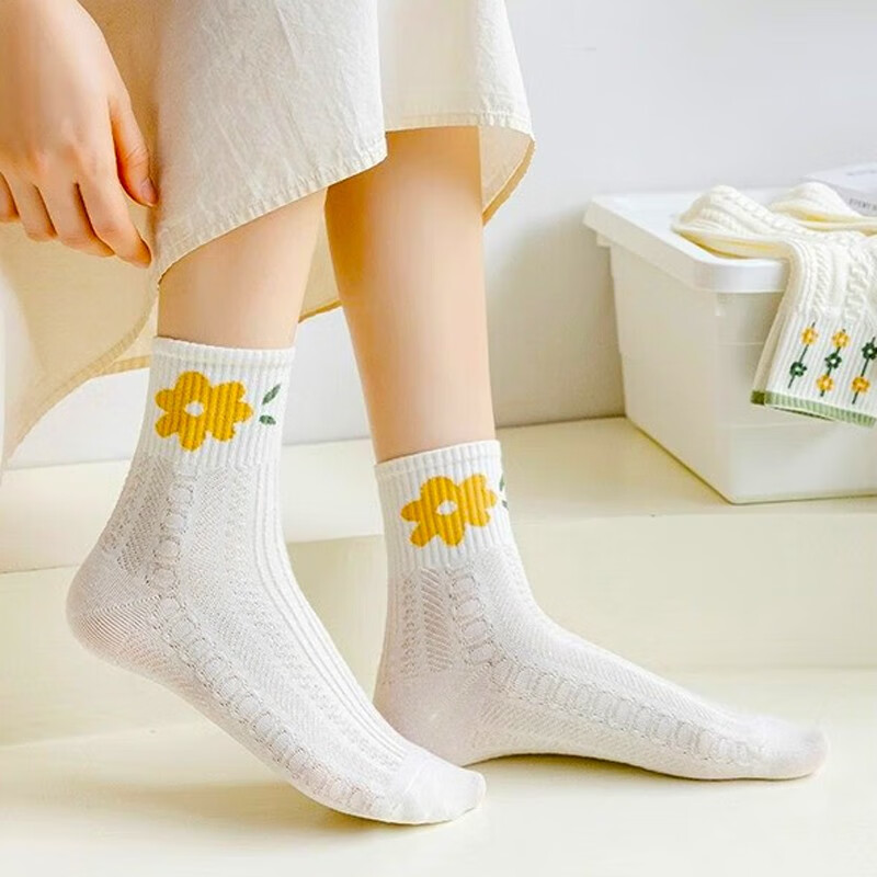 米大爷10双袜子女春秋季中筒棉袜吸汗透气女袜小花休闲百搭潮流女士袜子 小花款中筒女袜 10双 均码