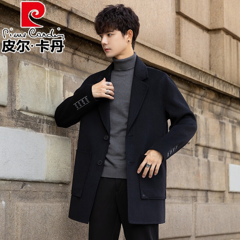 皮尔卡丹（pierre cardin）双面羊毛呢子大衣男士中长款秋冬季加厚羊毛外套高级感韩版潮风衣 黑色 M