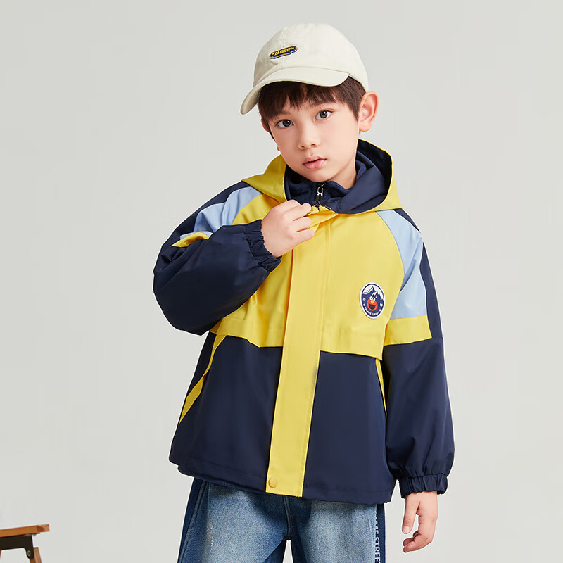 芝麻街儿童外套三合一两件套2023新款中大童男童可拆卸软壳风衣外套 黄色 150cm
