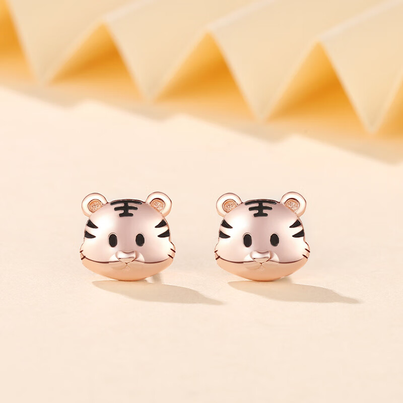 幸运虎耳钉女银可爱小巧虎年生肖耳环玫瑰金色新年耳饰 小老虎耳钉