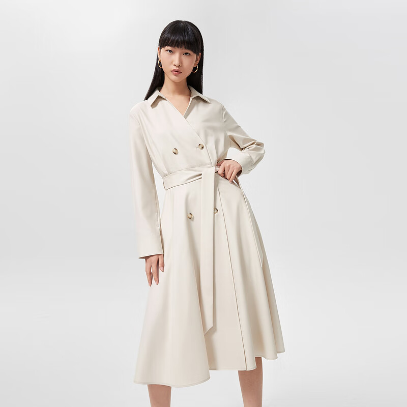 OVV2022春夏新款女装桑蚕丝羊毛混纺双排扣通勤系带款风衣外套 裸粉03 M