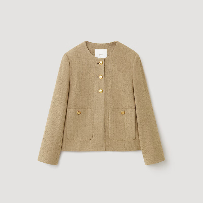OVV【粗花呢夹克】2024秋冬新款女装金属丝羊毛混纺夹克外套 卡其色 XS