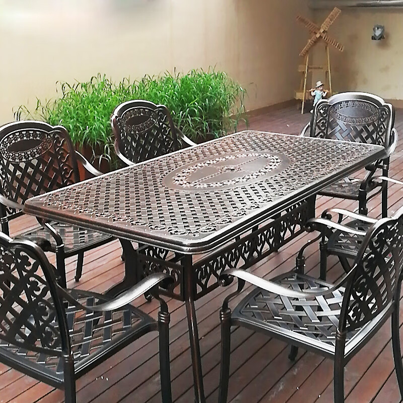 莫 家 户外桌椅铸铝桌椅庭院花园室外阳台休闲桌椅组合 斜格6椅+175*90兰花桌