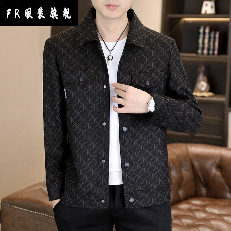 FR.YH.ZH佐尚严选男装箫汀春秋季新款夹克外套休闲翻领短款夹克外套 黑色 4XL(170-185斤)