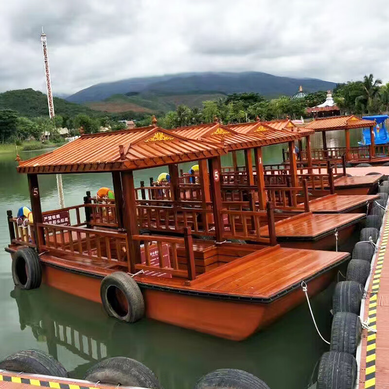 麟酷 仿古乌蓬船 实木观光旅游船仿古木船渔船画舫电动手划景观装饰水