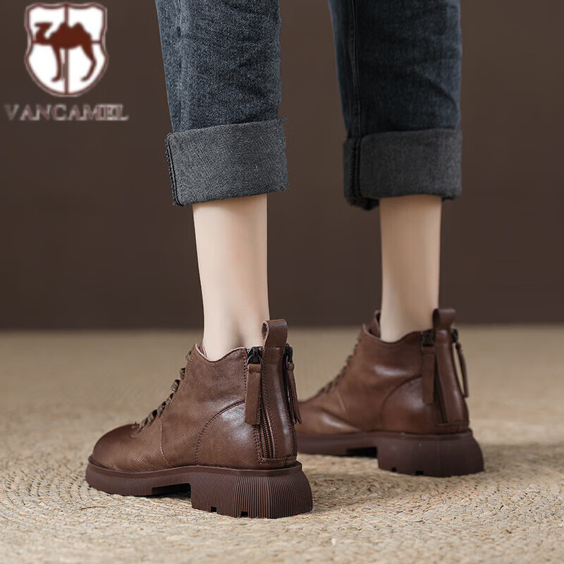 骆驼棕色英伦风马丁靴女2022秋季新款短筒女靴子休闲百搭复古短靴防滑耐磨 棕色 35高性价比高么？