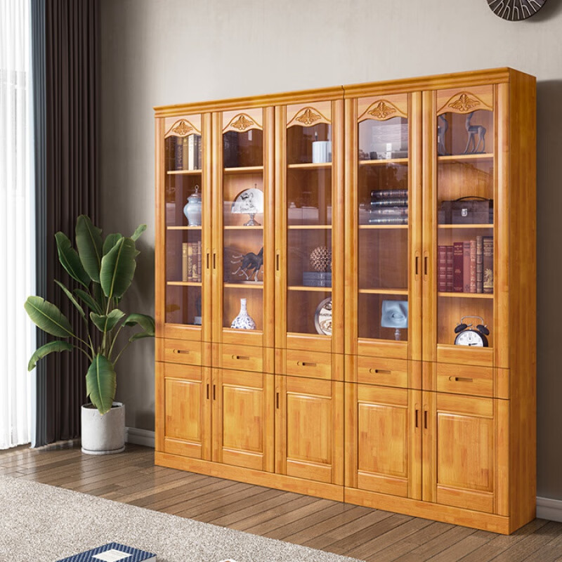 实木书架纯实木全书柜家用客厅带玻璃门整墙中式家具 浅茶色普通  