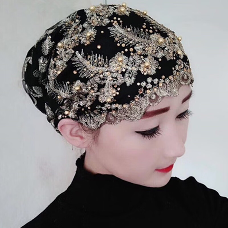山头林村回族女头巾帽子薄款套头盖头女回时尚穆斯方便包头帽 黑色