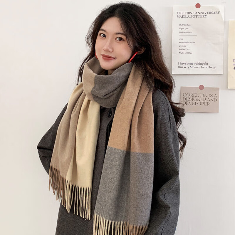 达芬奇密码 秋冬季保暖围巾女欧美风学生围脖情侣格子披肩 6# 浅灰咖色(205*35cm)