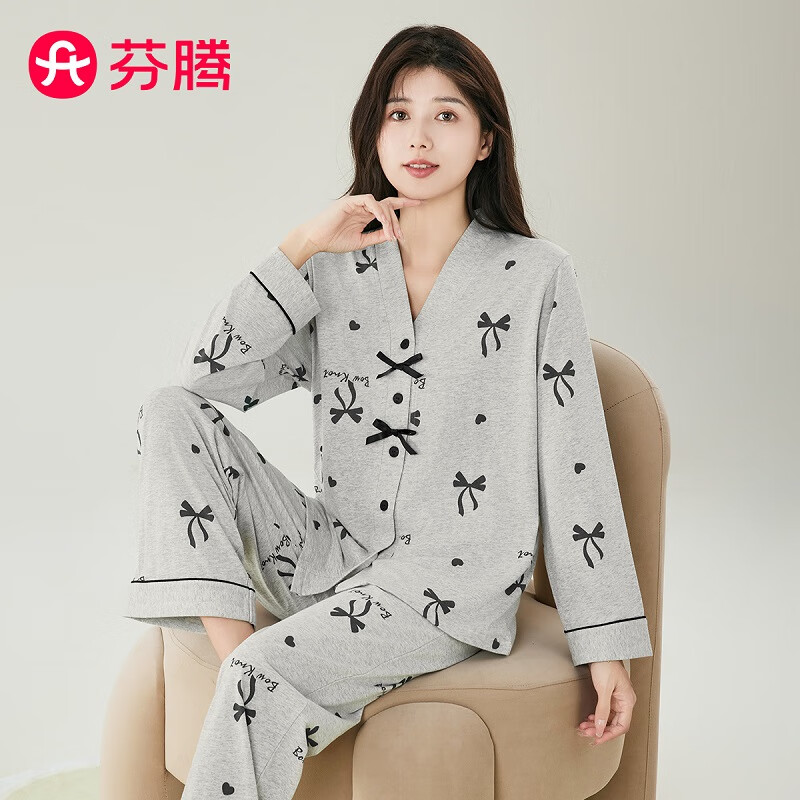 芬腾睡衣女【100%纯棉】V领开衫长袖蝴蝶结少女家居服套装 灰色 L