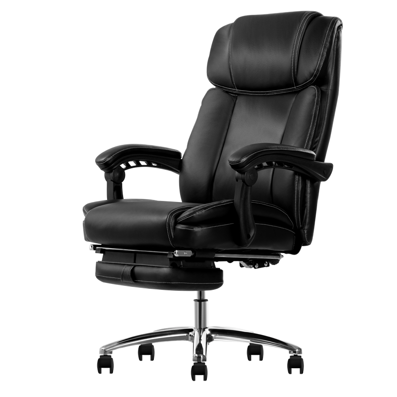 得力 deli 真头层牛皮老板椅 带脚托可躺午休椅 人体工学电脑椅 家用办公椅 33565 黑色