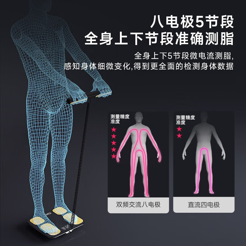 沃莱(ICOMON)八电极智能体脂体重秤 健身房专用电子秤人体减肥健身健康监测测量仪 黑色八电极-FG2001B-A 【充电款】