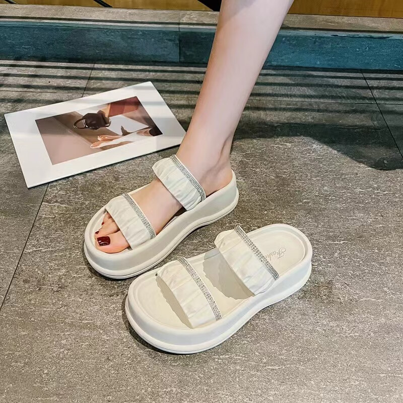 凉拖鞋女夏季踩屎感厚底外穿时尚百搭居家软底镂空一字拖 厚底双带米白色 36-37