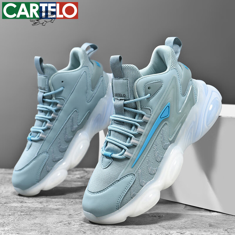 卡帝乐鳄鱼春秋新款男鞋透气男士休闲鞋时尚百搭潮流鞋软底跑步运动鞋 白蓝 41