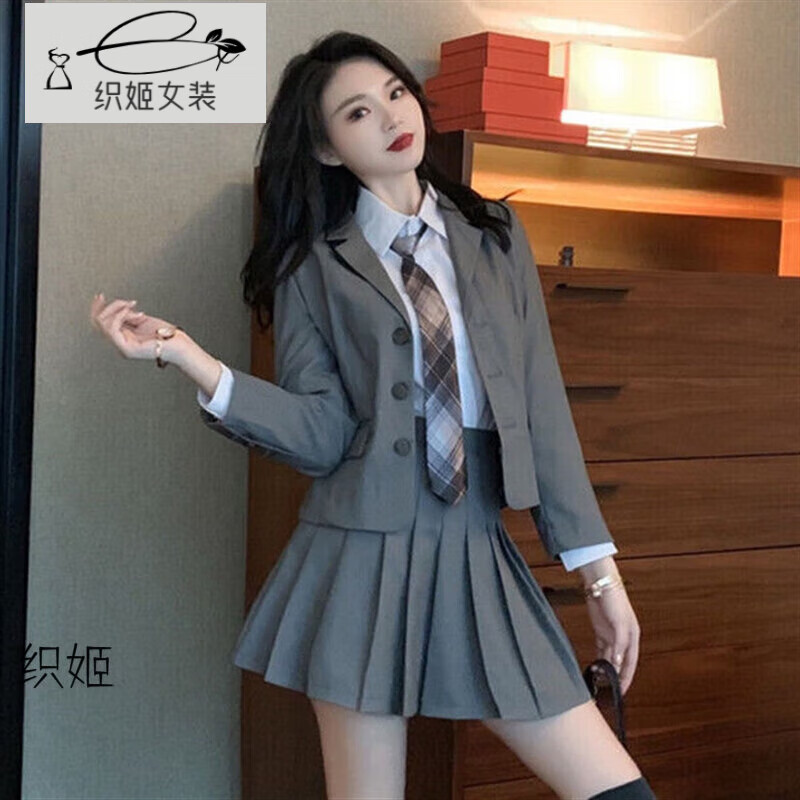 織姬日系學院風JK制服套裝女學生2025春夏新款英倫風西裝外套百褶裙女 西裝外套+襯衫+百褶裙+長領帶 M 建議90-100斤
