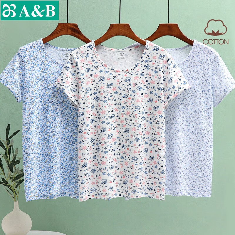 AB母亲节纯棉女中老年夏薄款家居服妈妈上衣宽松大码印花短袖汗衫 蓝雅【上衣】 3XL
