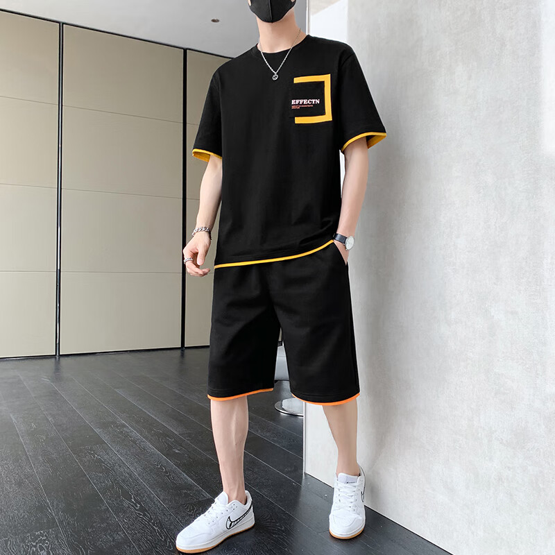 顶峰保罗（Dingfengbaoluo）男士夏季套装短袖t恤短裤纯棉薄款休闲运动男装KPR03黑色2XL