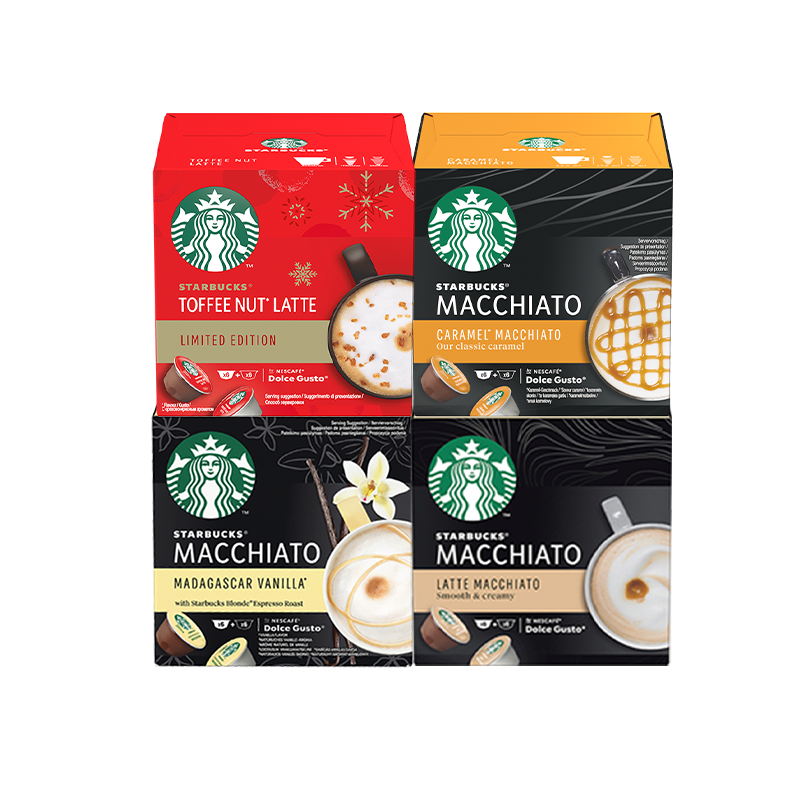 星巴克（Starbucks）多趣酷思胶囊 NDG玛奇朵焦糖卡布奇诺美式冷萃冰咖啡意式浓缩香草 【中度组合】拿铁*2盒+卡布*2盒