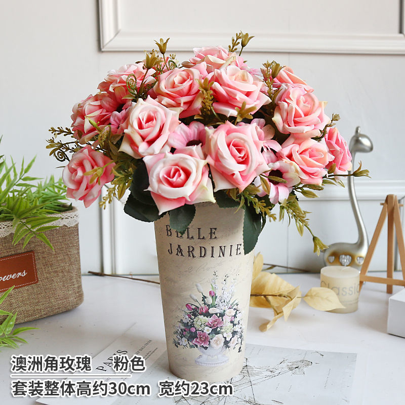 假花仿真干花束装饰品小盆栽家居茶几花艺摆件 澳洲角玫瑰粉色 c盆