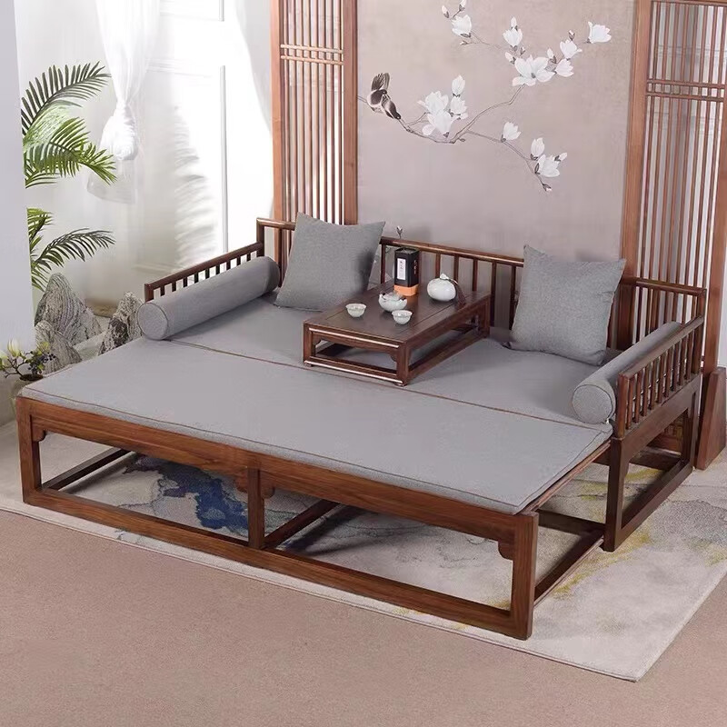 床实木老榆木新中式推拉式现代伸缩推拉床箱体中式罗汉榻 推拉罗汉床