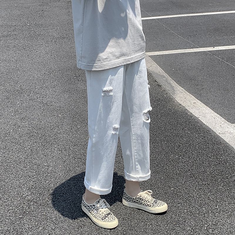 顺涛配帆布鞋夏季九分牛仔裤男高帮帆布鞋配什么裤子男破洞直筒牛仔裤