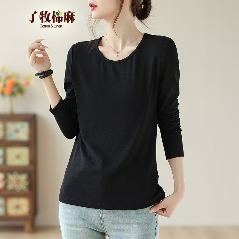 子牧棉麻秋装 女韩版百搭打底衫内搭长袖薄款圆领螺纹T恤上衣8689 经典黑大圆领 2XL (建议140-155斤)