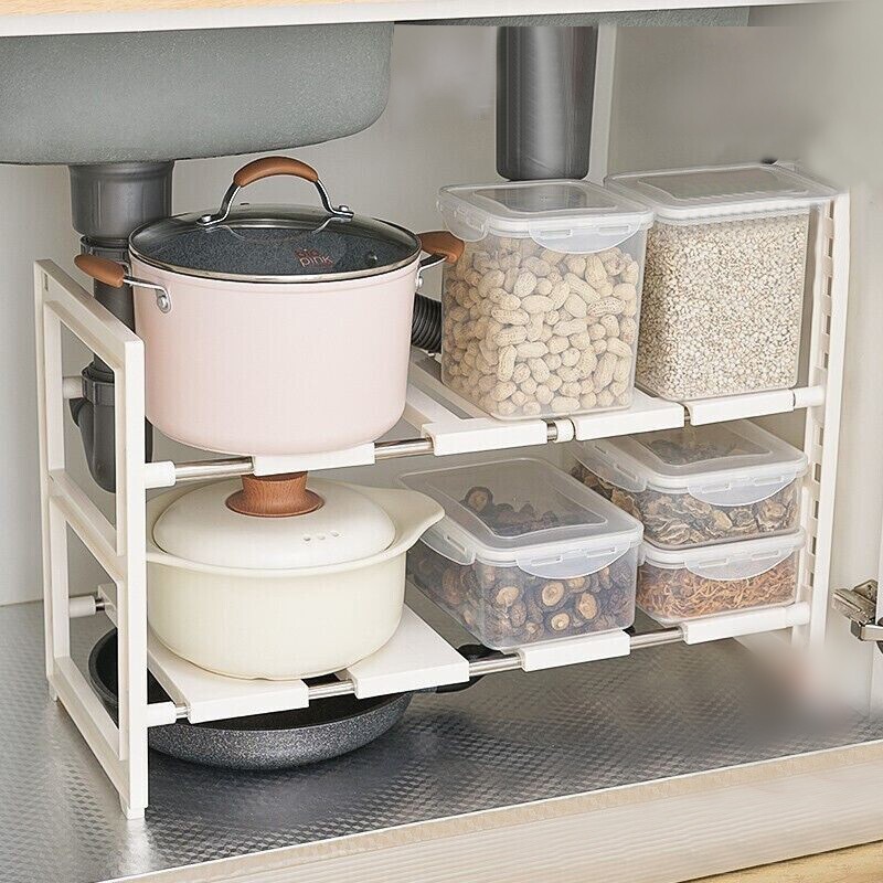 家の物语（KATEI STORY）日本厨房下水槽置物架可伸缩橱柜分层架厨柜碗碟储物多功能收纳架 双层伸缩置物架