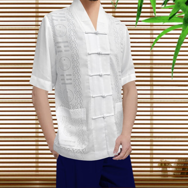 夏季棉麻短袖男衣服中国风亚麻薄款道袍女居士太极八卦衣 白色八卦花