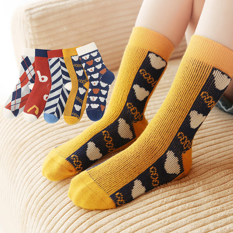 六指鼠男童女童袜子儿童中筒袜男孩大童秋冬季厚棉童袜潮时尚彩条春秋 880双针彩色 5双 均码 建议7-16周岁(鞋33-36码/袜标10-15岁）