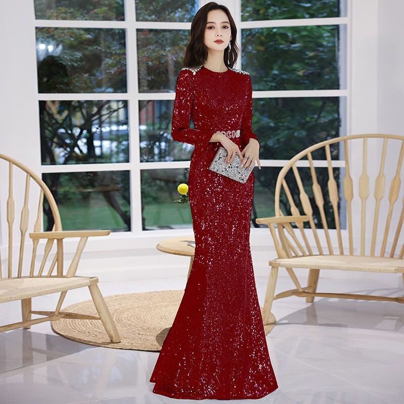 懷典晚禮服女2024新款平時(shí)可穿主持宴會(huì)氣質(zhì)銀色長(zhǎng)袖高級(jí)質(zhì)感年會(huì)高貴 酒紅色 2XL